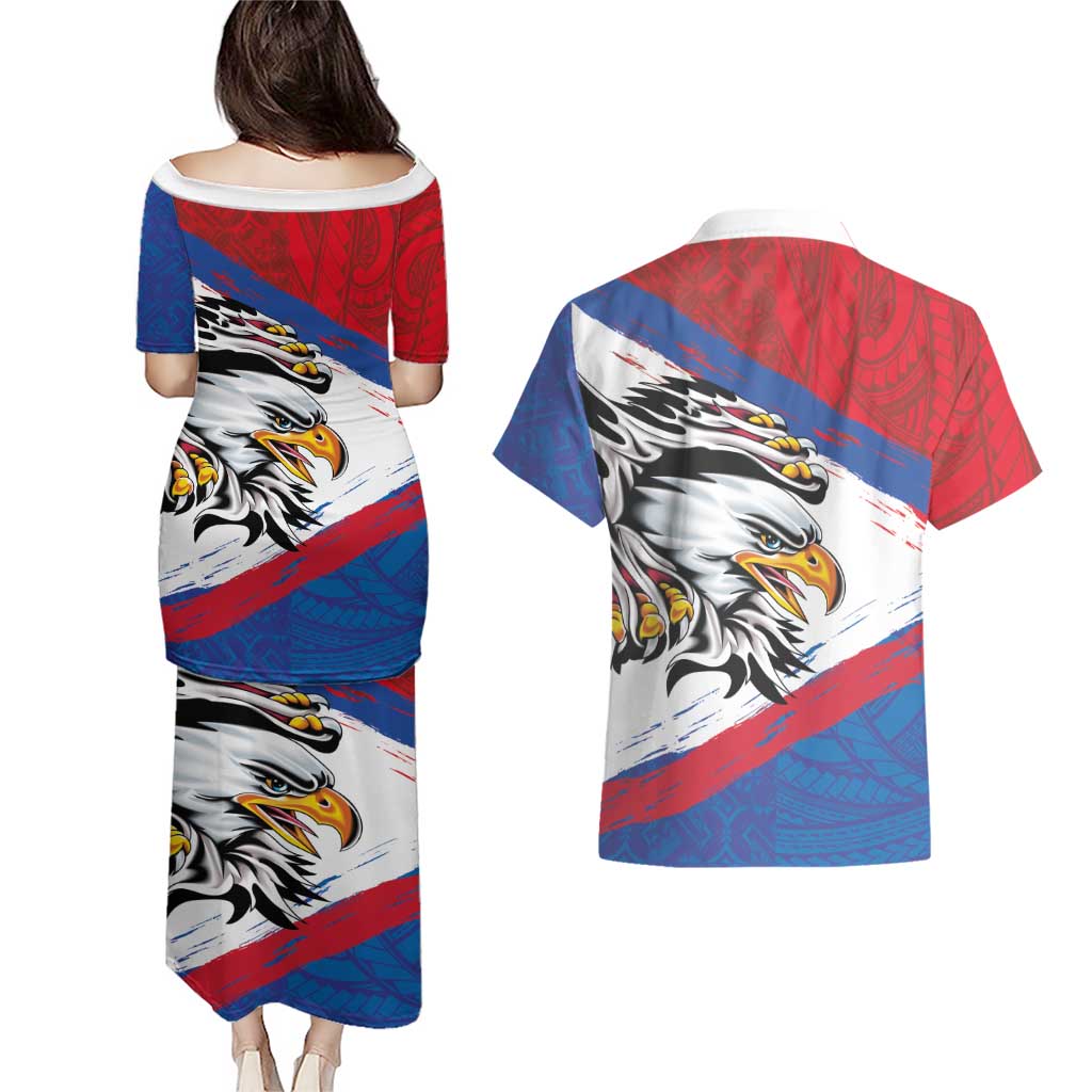 American Samoa Flag Day Couples Matching Puletasi and Hawaiian Shirt Polynesian Art Geometric with Flag Brush Style