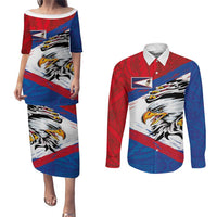 American Samoa Flag Day Couples Matching Puletasi and Long Sleeve Button Shirt Polynesian Art Geometric with Flag Brush Style