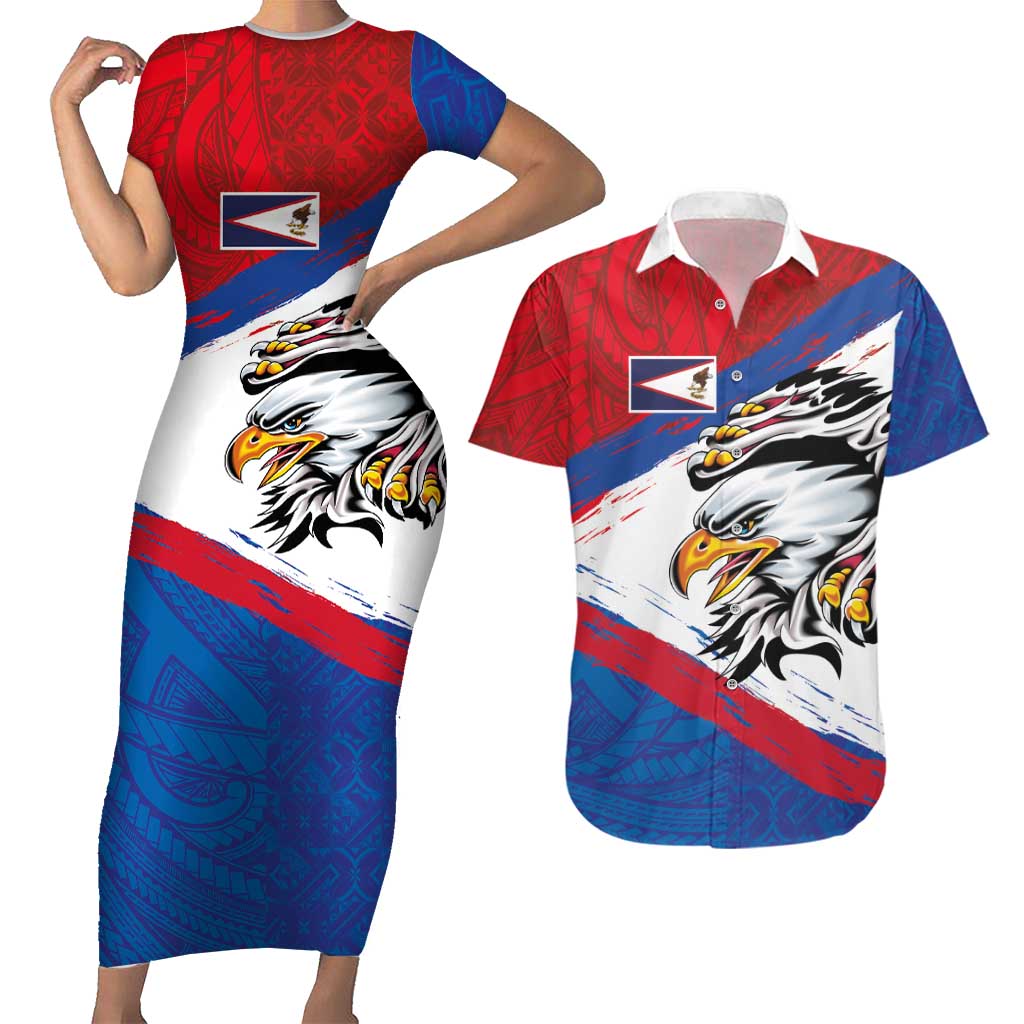 American Samoa Flag Day Couples Matching Short Sleeve Bodycon Dress and Hawaiian Shirt Polynesian Art Geometric with Flag Brush Style LT03 Multicolor - Polynesian Pride