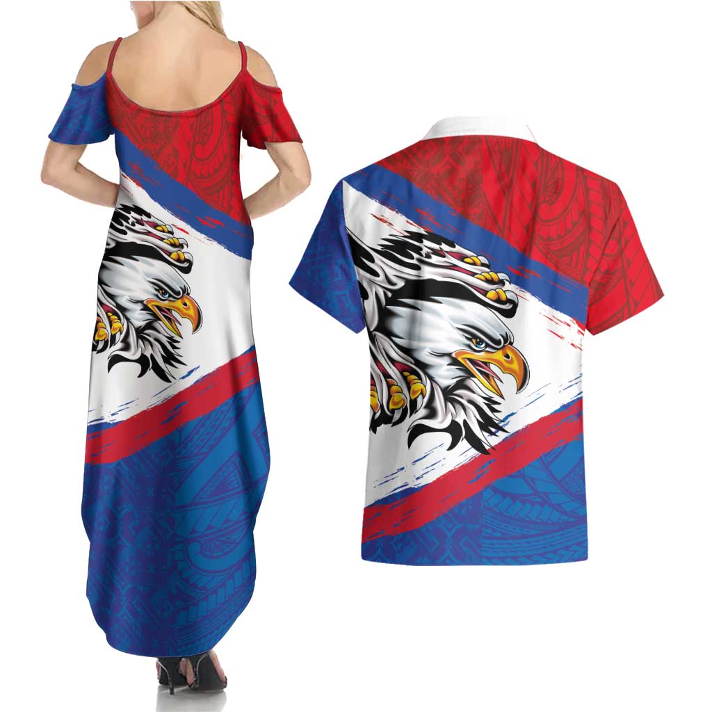 American Samoa Flag Day Couples Matching Summer Maxi Dress and Hawaiian Shirt Polynesian Art Geometric with Flag Brush Style