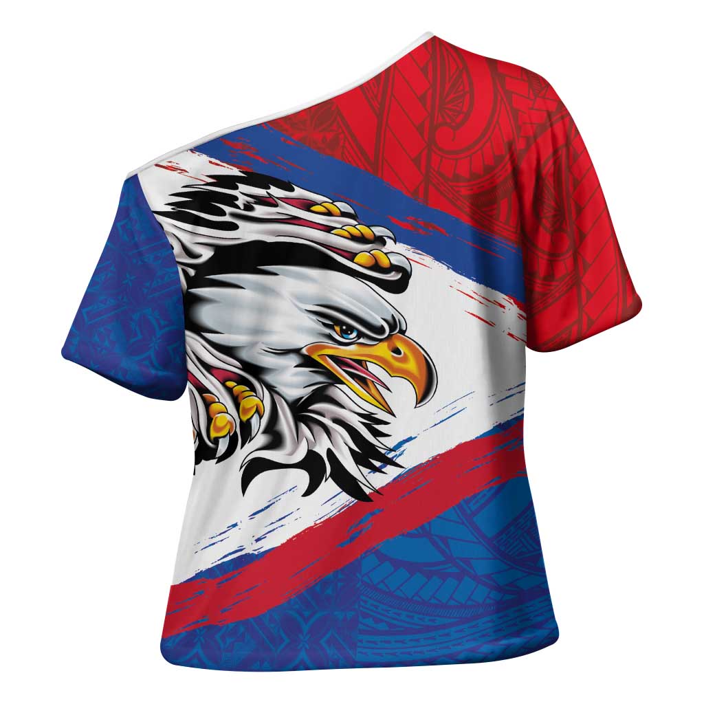 American Samoa Flag Day Cross Shoulder Shirt Polynesian Art Geometric with Flag Brush Style