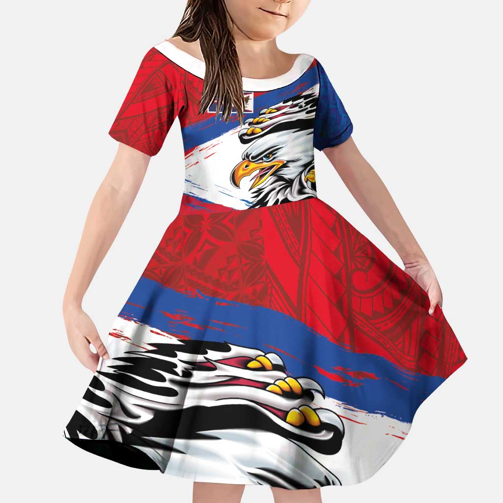 American Samoa Flag Day Family Matching Off The Shoulder Long Sleeve Dress and Hawaiian Shirt Polynesian Art Geometric with Flag Brush Style LT03 Daughter's Dress Multicolor - Polynesian Pride