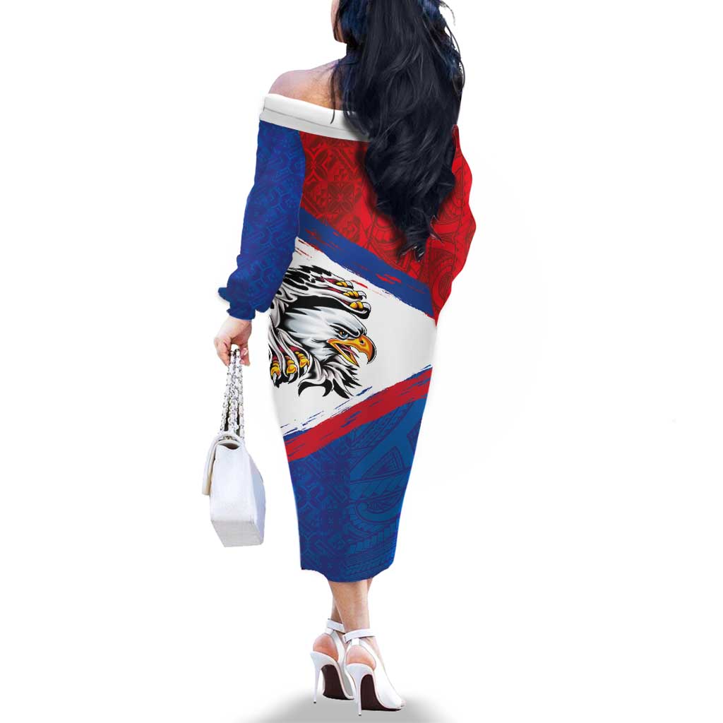 American Samoa Flag Day Family Matching Off The Shoulder Long Sleeve Dress and Hawaiian Shirt Polynesian Art Geometric with Flag Brush Style LT03 - Polynesian Pride
