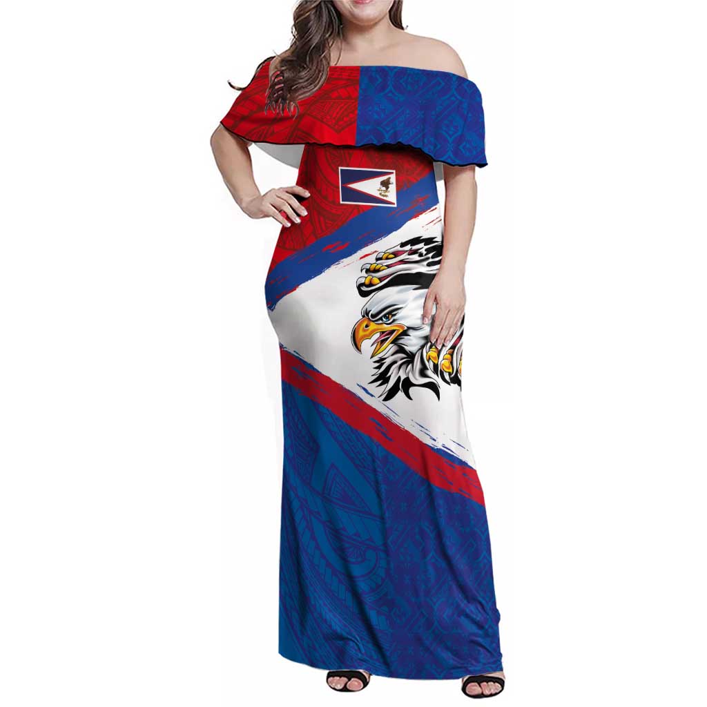 American Samoa Flag Day Family Matching Off Shoulder Maxi Dress and Hawaiian Shirt Polynesian Art Geometric with Flag Brush Style LT03 Mom's Dress Multicolor - Polynesian Pride