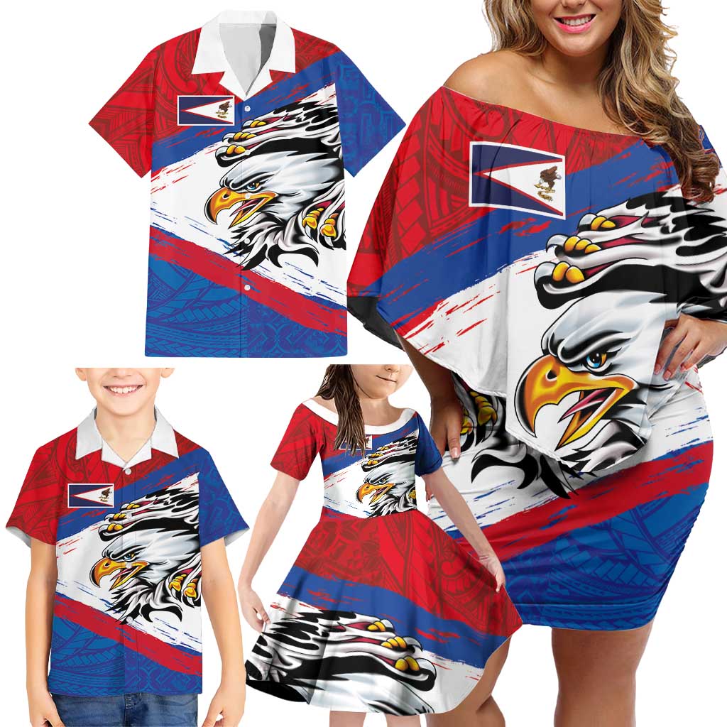 American Samoa Flag Day Family Matching Off Shoulder Short Dress and Hawaiian Shirt Polynesian Art Geometric with Flag Brush Style