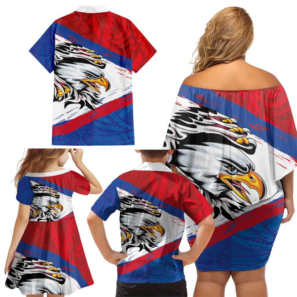 American Samoa Flag Day Family Matching Off Shoulder Short Dress and Hawaiian Shirt Polynesian Art Geometric with Flag Brush Style LT03 - Polynesian Pride