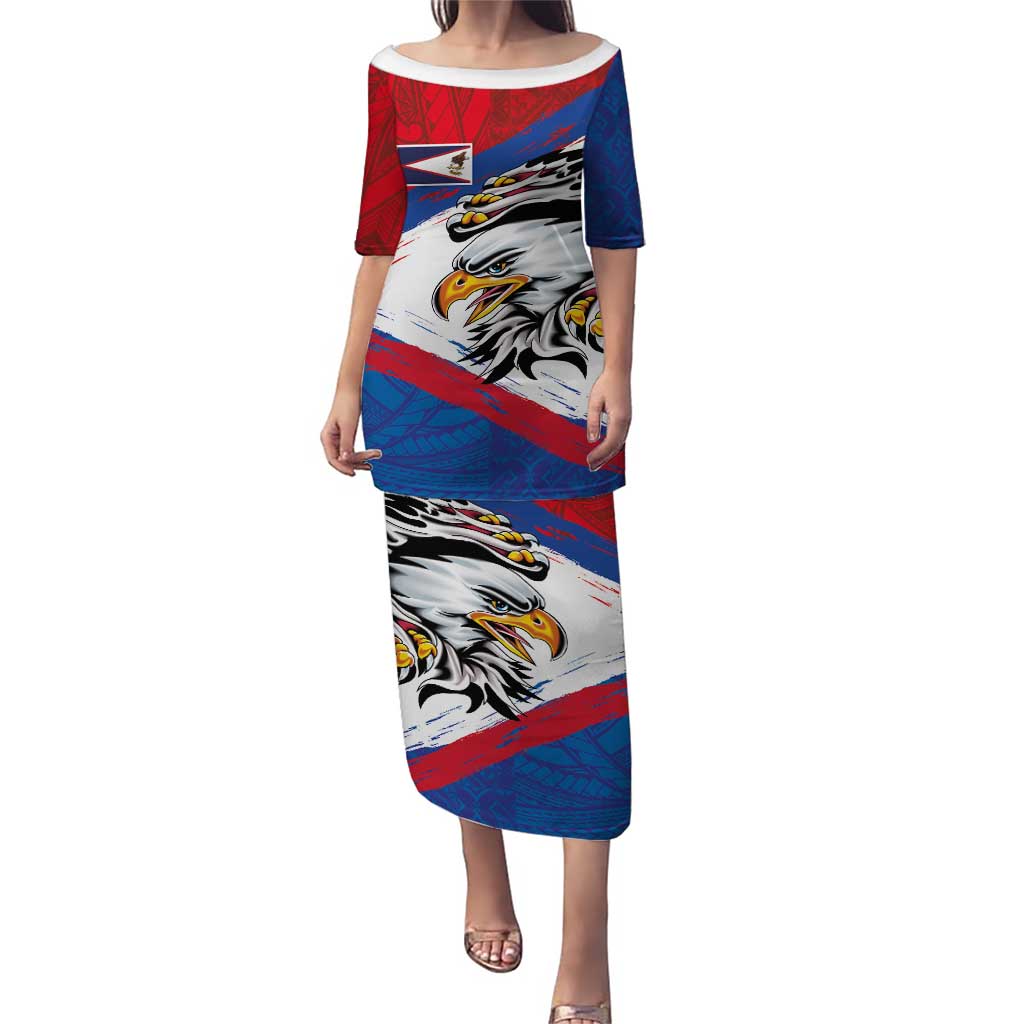 American Samoa Flag Day Family Matching Puletasi and Hawaiian Shirt Polynesian Art Geometric with Flag Brush Style LT03 Mom's Dress Multicolor - Polynesian Pride