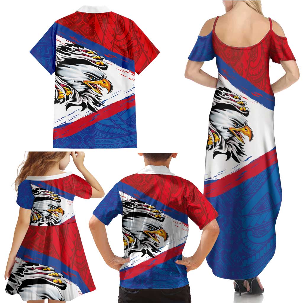 American Samoa Flag Day Family Matching Summer Maxi Dress and Hawaiian Shirt Polynesian Art Geometric with Flag Brush Style LT03 - Polynesian Pride