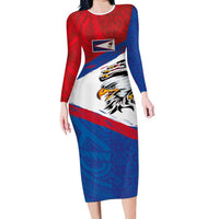 American Samoa Flag Day Long Sleeve Bodycon Dress Polynesian Art Geometric with Flag Brush Style