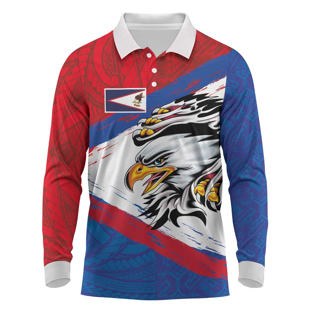 American Samoa Flag Day Long Sleeve Polo Shirt Polynesian Art Geometric with Flag Brush Style