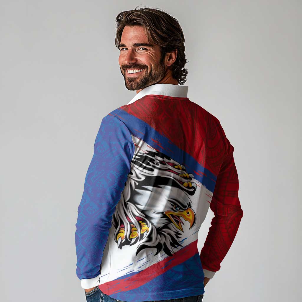 American Samoa Flag Day Long Sleeve Polo Shirt Polynesian Art Geometric with Flag Brush Style