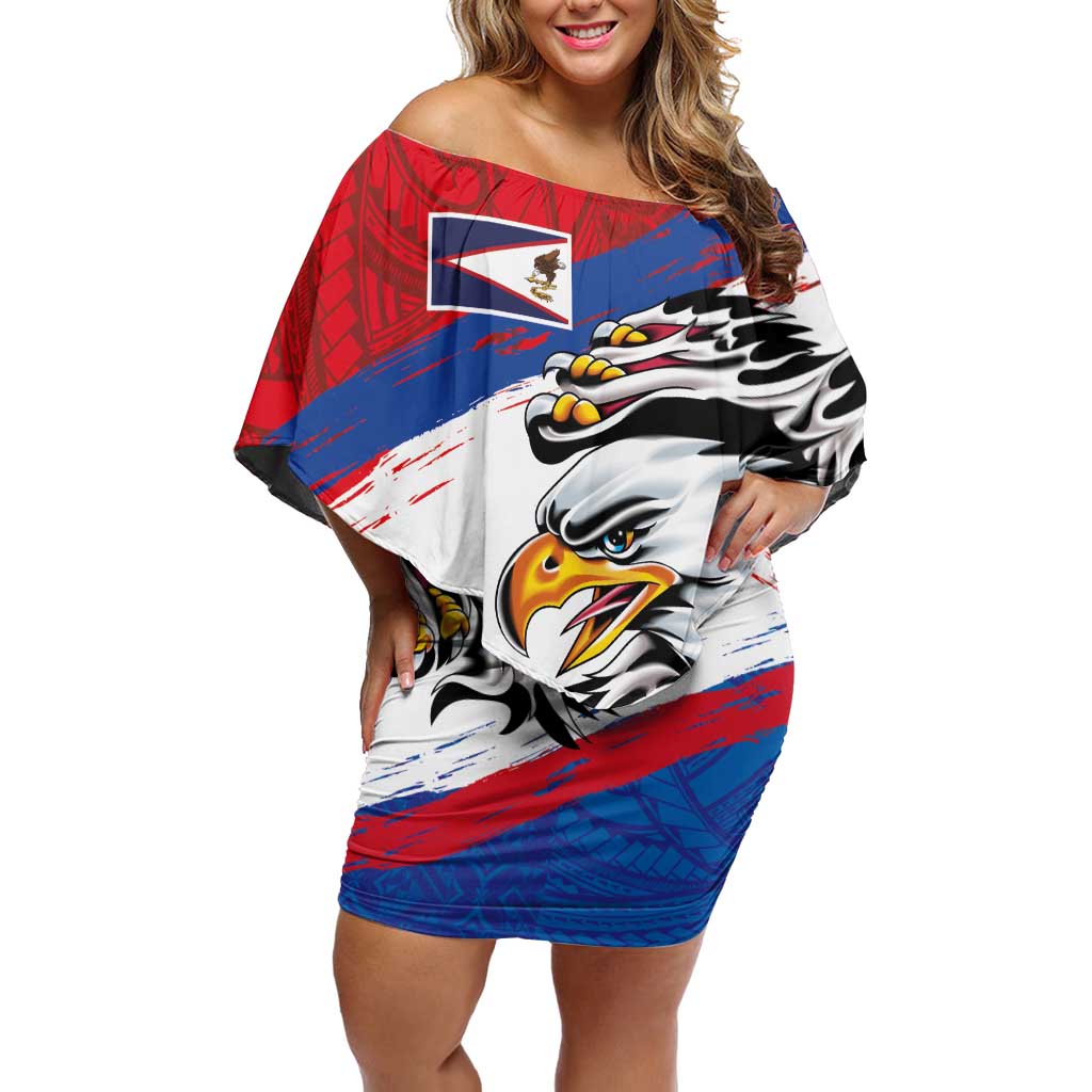 American Samoa Flag Day Off Shoulder Short Dress Polynesian Art Geometric with Flag Brush Style
