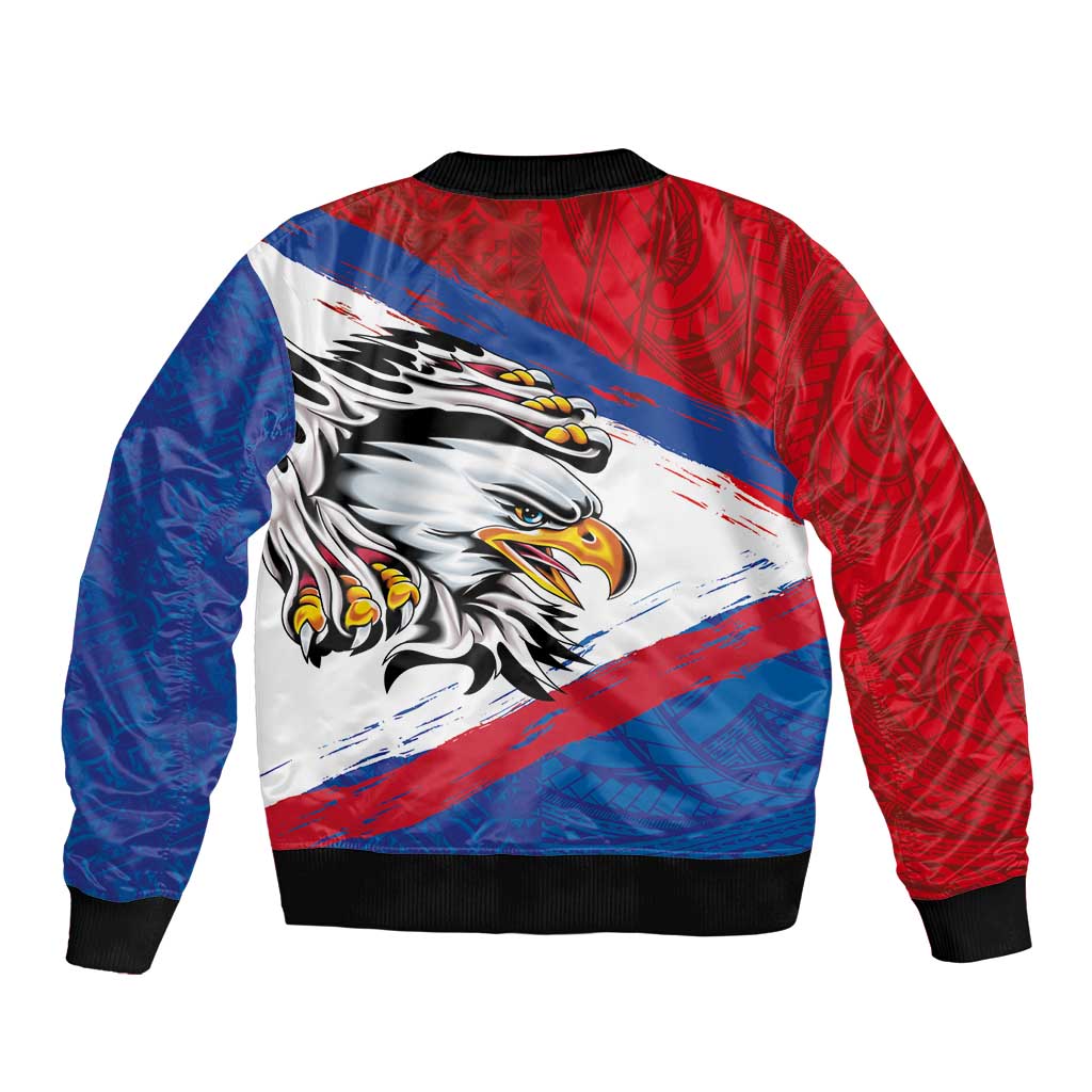 American Samoa Flag Day Sleeve Zip Bomber Jacket Polynesian Art Geometric with Flag Brush Style