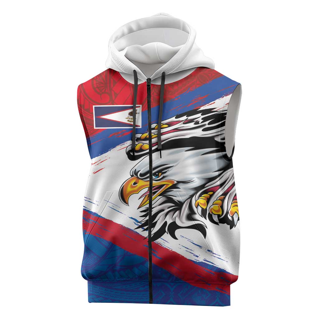 American Samoa Flag Day Sleeveless Zip Hoodie Polynesian Art Geometric with Flag Brush Style