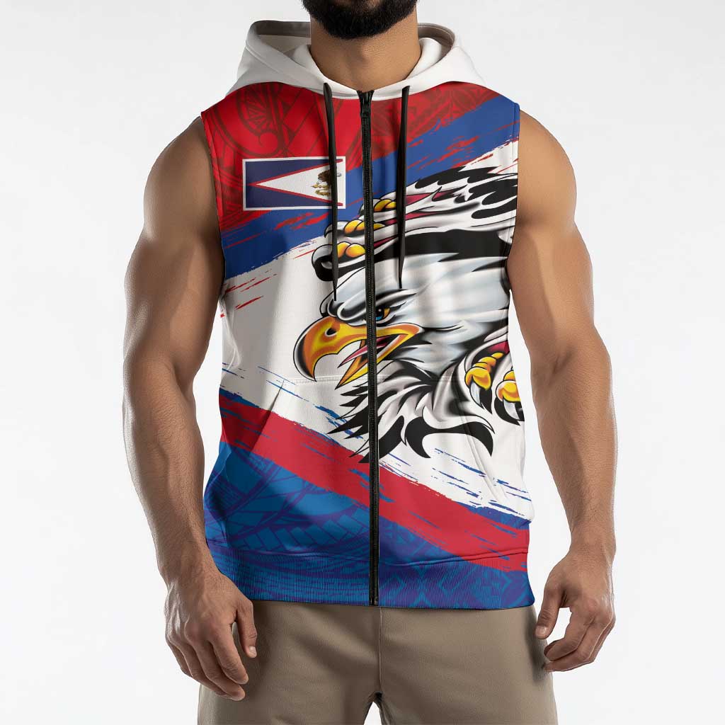 American Samoa Flag Day Sleeveless Zip Hoodie Polynesian Art Geometric with Flag Brush Style