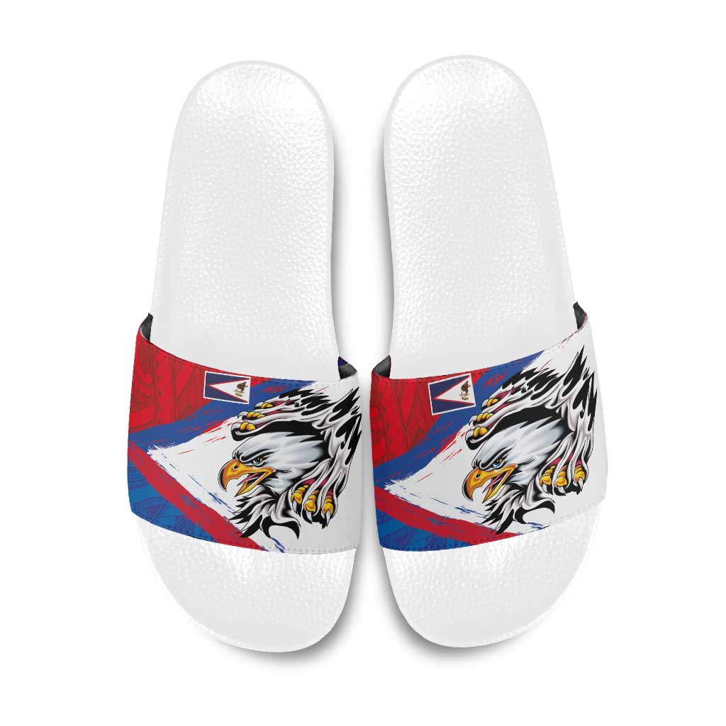 American Samoa Flag Day Slide Sandals Polynesian Art Geometric with Flag Brush Style