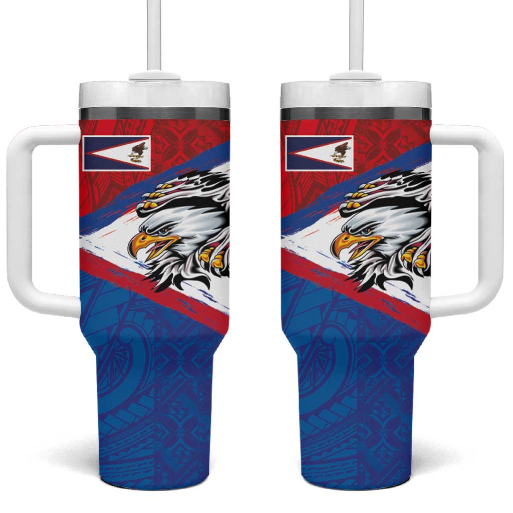 American Samoa Flag Day Tumbler With Handle Polynesian Art Geometric with Flag Brush Style