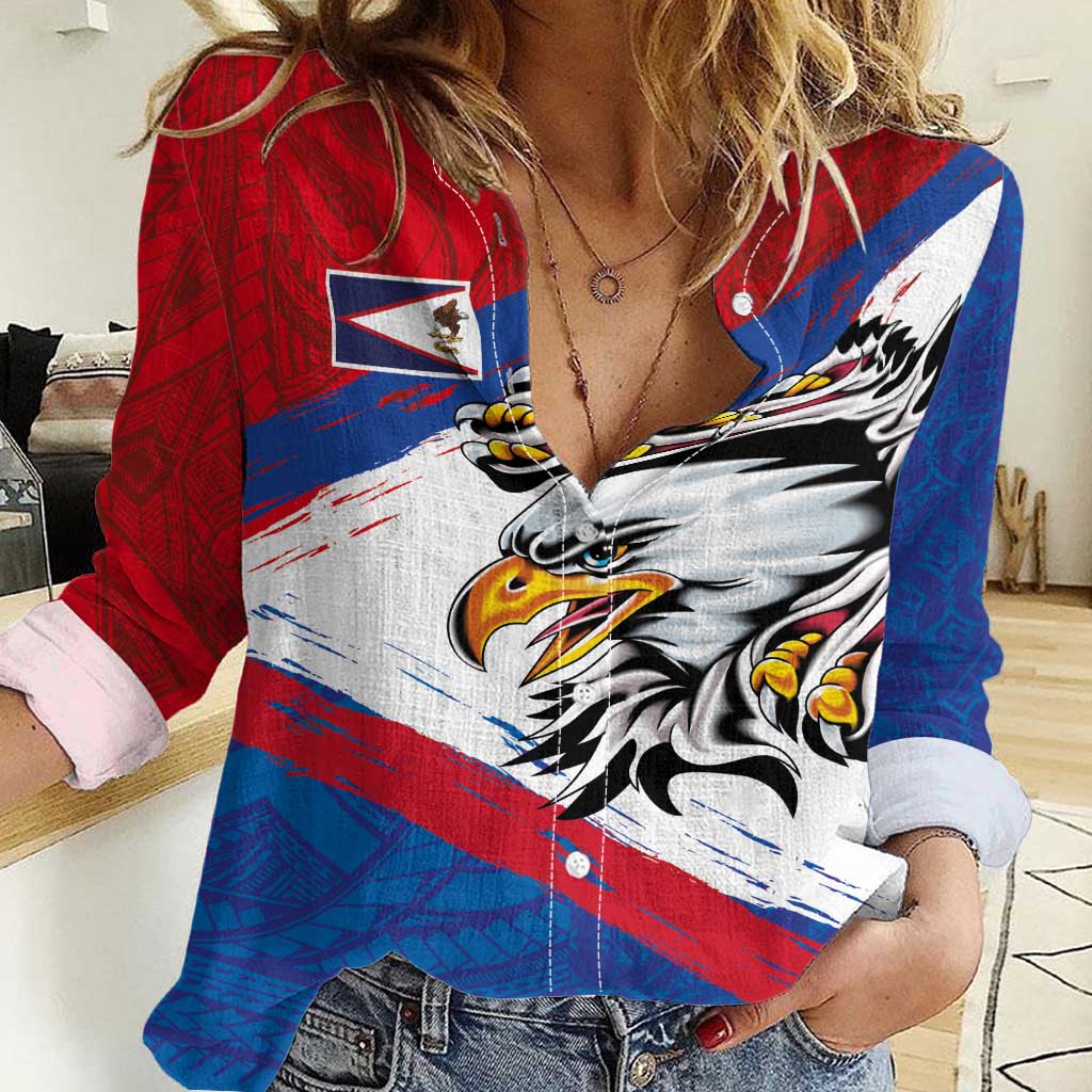 American Samoa Flag Day Women Casual Shirt Polynesian Art Geometric with Flag Brush Style