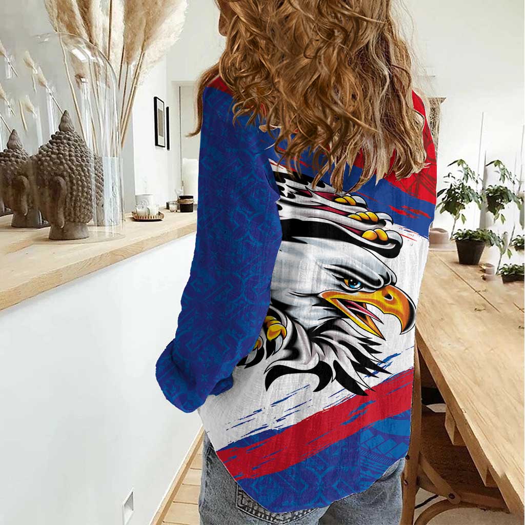American Samoa Flag Day Women Casual Shirt Polynesian Art Geometric with Flag Brush Style