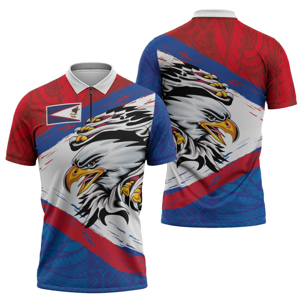 American Samoa Flag Day Zipper Polo Shirt Polynesian Art Geometric with Flag Brush Style