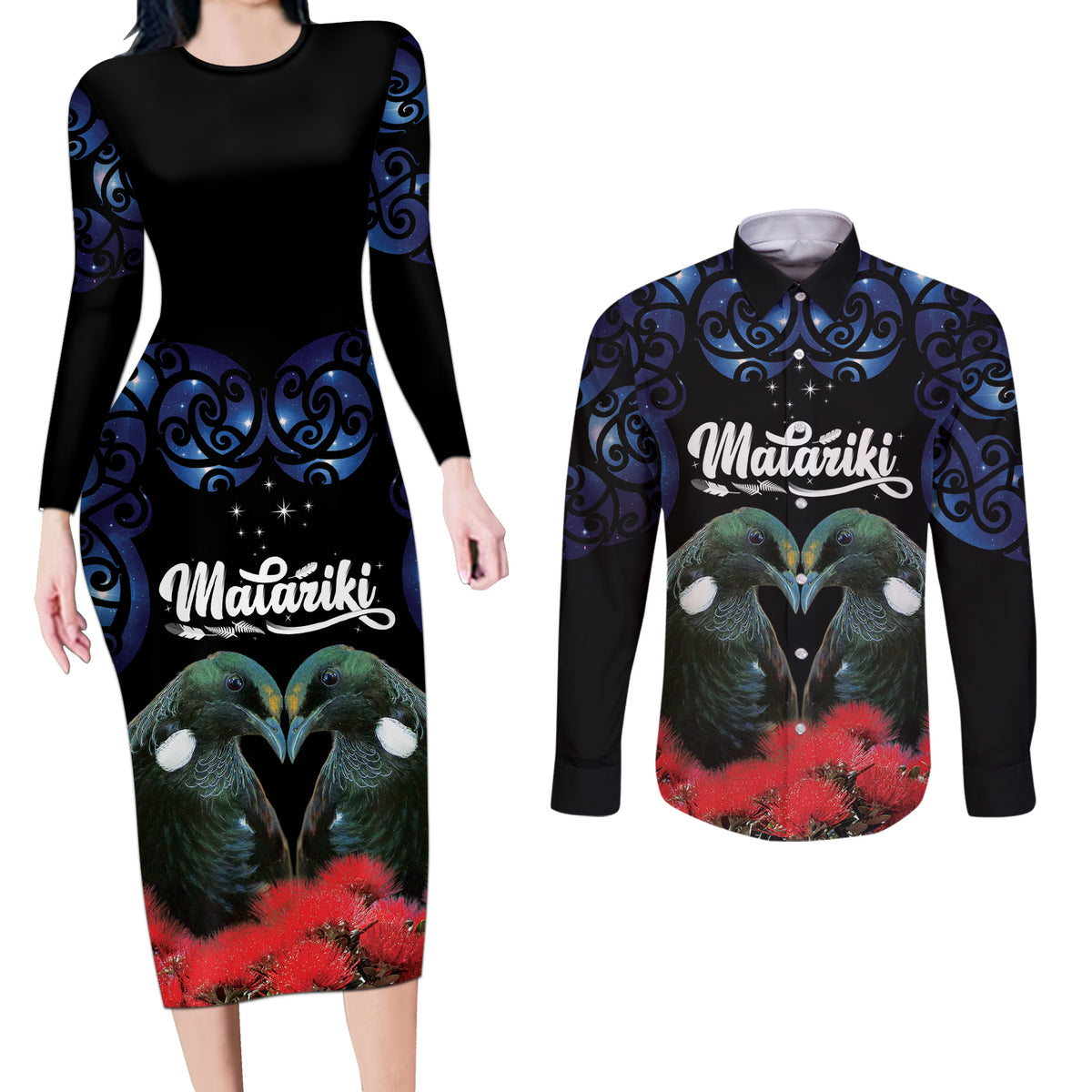 New Zealand Maori Matariki Couples Matching Long Sleeve Bodycon Dress and Long Sleeve Button Shirt Hongi Tui Bird Pohutukawa and Polynesia Tribal LT03 Black - Polynesian Pride