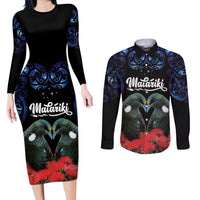 New Zealand Maori Matariki Couples Matching Long Sleeve Bodycon Dress and Long Sleeve Button Shirt Hongi Tui Bird Pohutukawa and Polynesia Tribal LT03 Black - Polynesian Pride