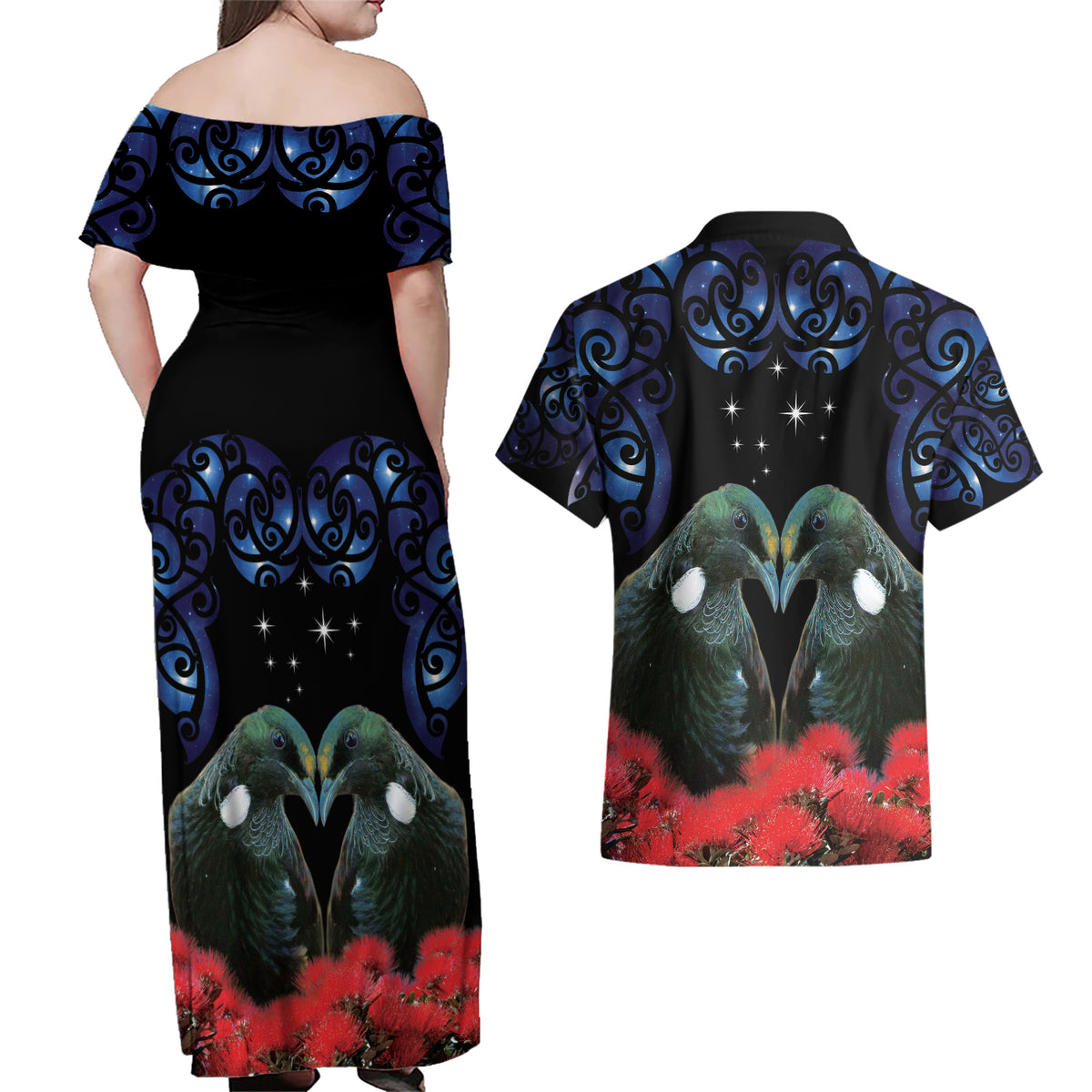 New Zealand Maori Matariki Couples Matching Off Shoulder Maxi Dress and Hawaiian Shirt Hongi Tui Bird Pohutukawa and Polynesia Tribal