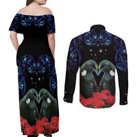 New Zealand Maori Matariki Couples Matching Off Shoulder Maxi Dress and Long Sleeve Button Shirt Hongi Tui Bird Pohutukawa and Polynesia Tribal LT03 - Polynesian Pride