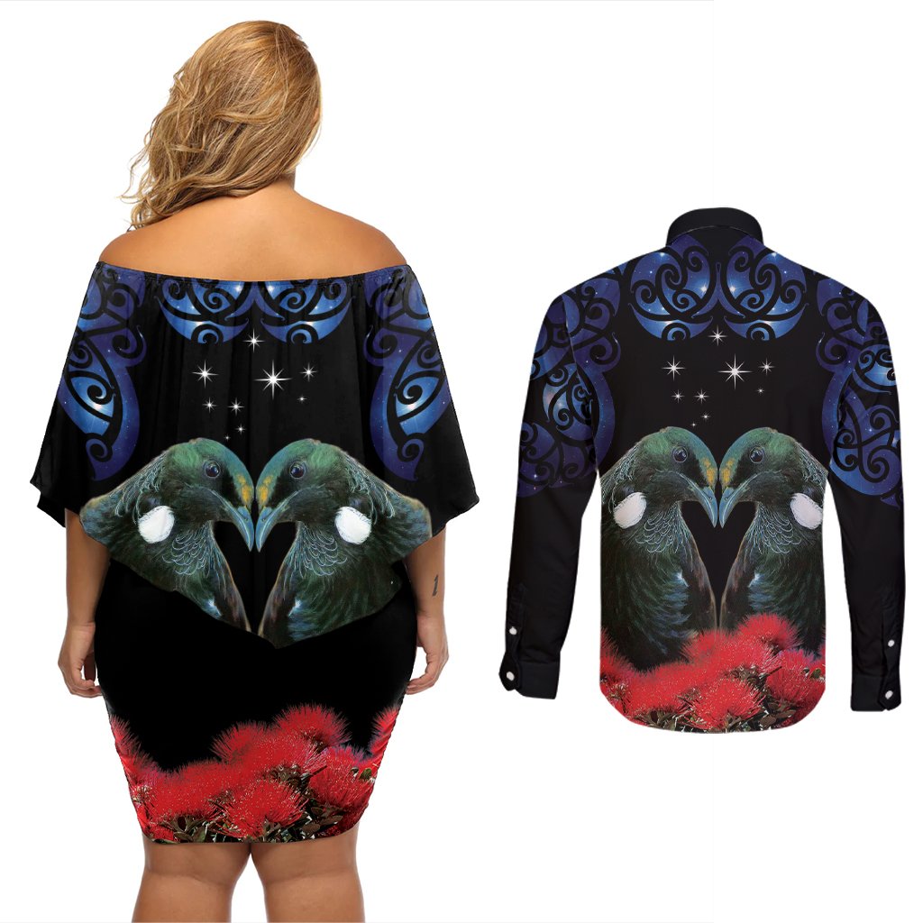 New Zealand Maori Matariki Couples Matching Off Shoulder Short Dress and Long Sleeve Button Shirt Hongi Tui Bird Pohutukawa and Polynesia Tribal LT03 - Polynesian Pride