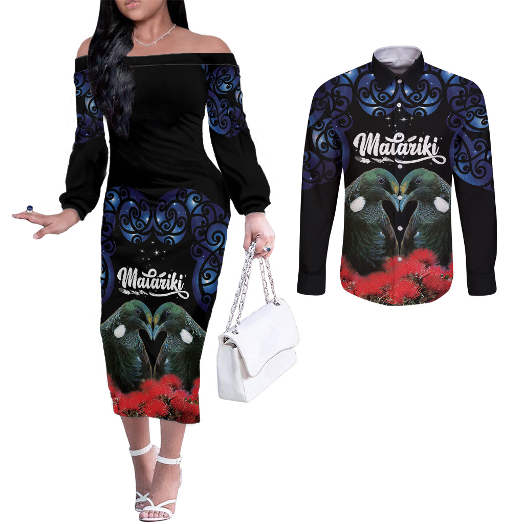 New Zealand Maori Matariki Couples Matching Off The Shoulder Long Sleeve Dress and Long Sleeve Button Shirt Hongi Tui Bird Pohutukawa and Polynesia Tribal LT03 Black - Polynesian Pride