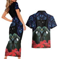 New Zealand Maori Matariki Couples Matching Short Sleeve Bodycon Dress and Hawaiian Shirt Hongi Tui Bird Pohutukawa and Polynesia Tribal LT03 - Polynesian Pride