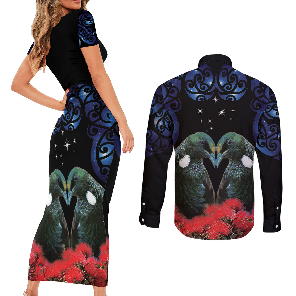 New Zealand Maori Matariki Couples Matching Short Sleeve Bodycon Dress and Long Sleeve Button Shirt Hongi Tui Bird Pohutukawa and Polynesia Tribal LT03 - Polynesian Pride