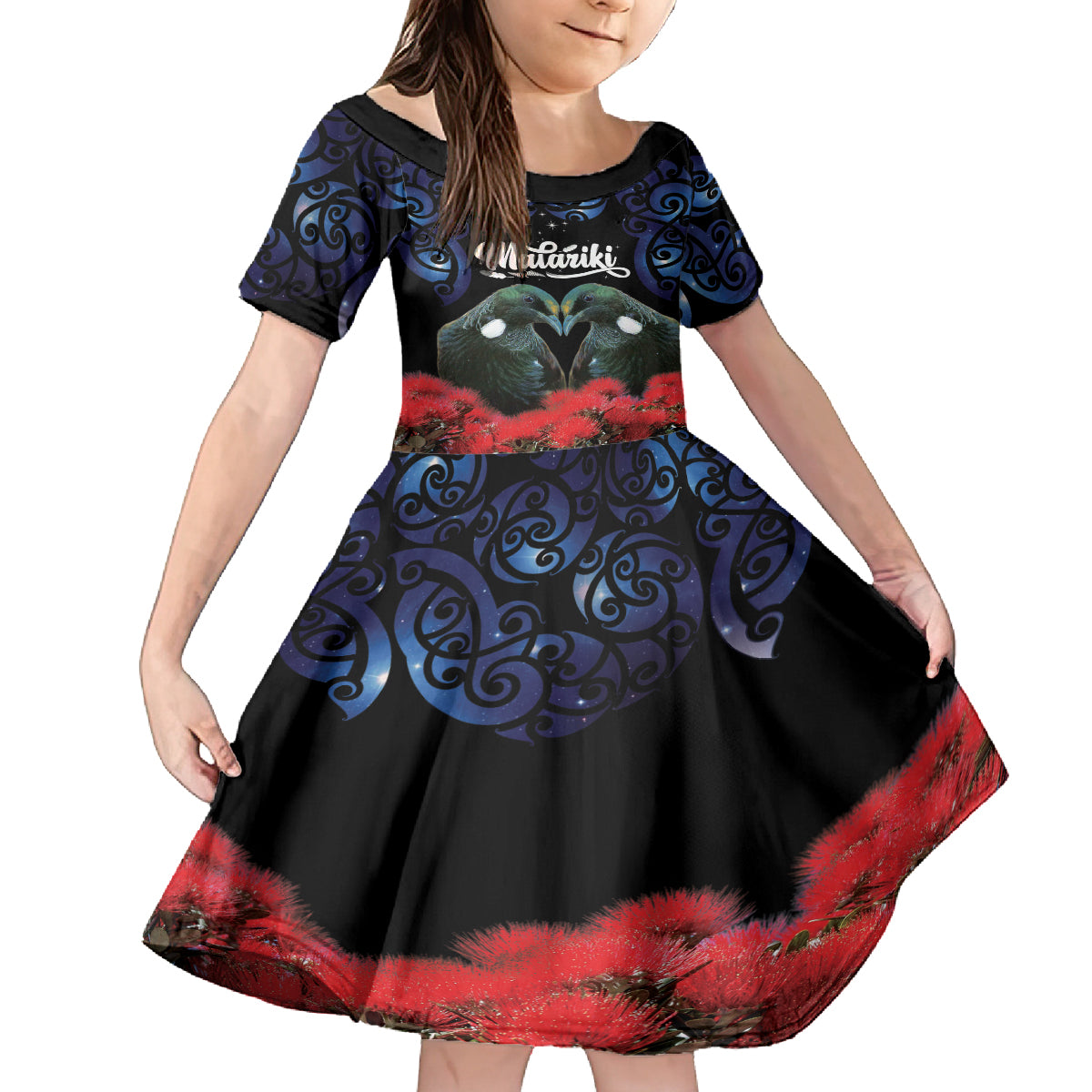 New Zealand Maori Matariki Family Matching Puletasi and Hawaiian Shirt Hongi Tui Bird Pohutukawa and Polynesia Tribal LT03 Daughter's Dress Black - Polynesian Pride