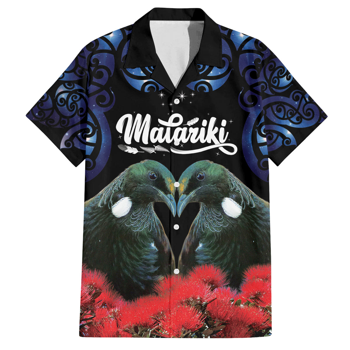New Zealand Maori Matariki Family Matching Puletasi and Hawaiian Shirt Hongi Tui Bird Pohutukawa and Polynesia Tribal LT03 Dad's Shirt - Short Sleeve Black - Polynesian Pride