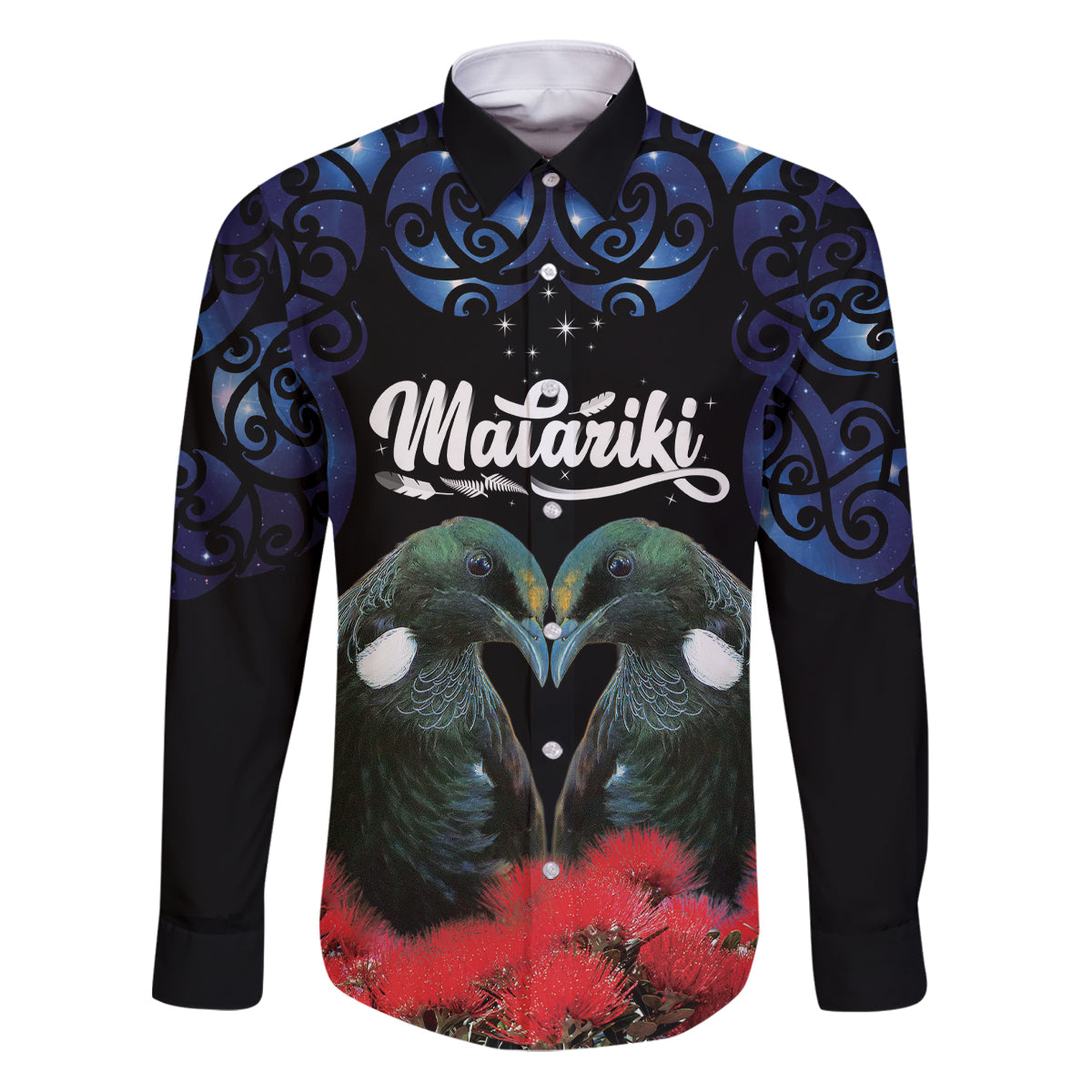New Zealand Maori Matariki Family Matching Puletasi and Hawaiian Shirt Hongi Tui Bird Pohutukawa and Polynesia Tribal LT03 Dad's Shirt - Long Sleeve Black - Polynesian Pride