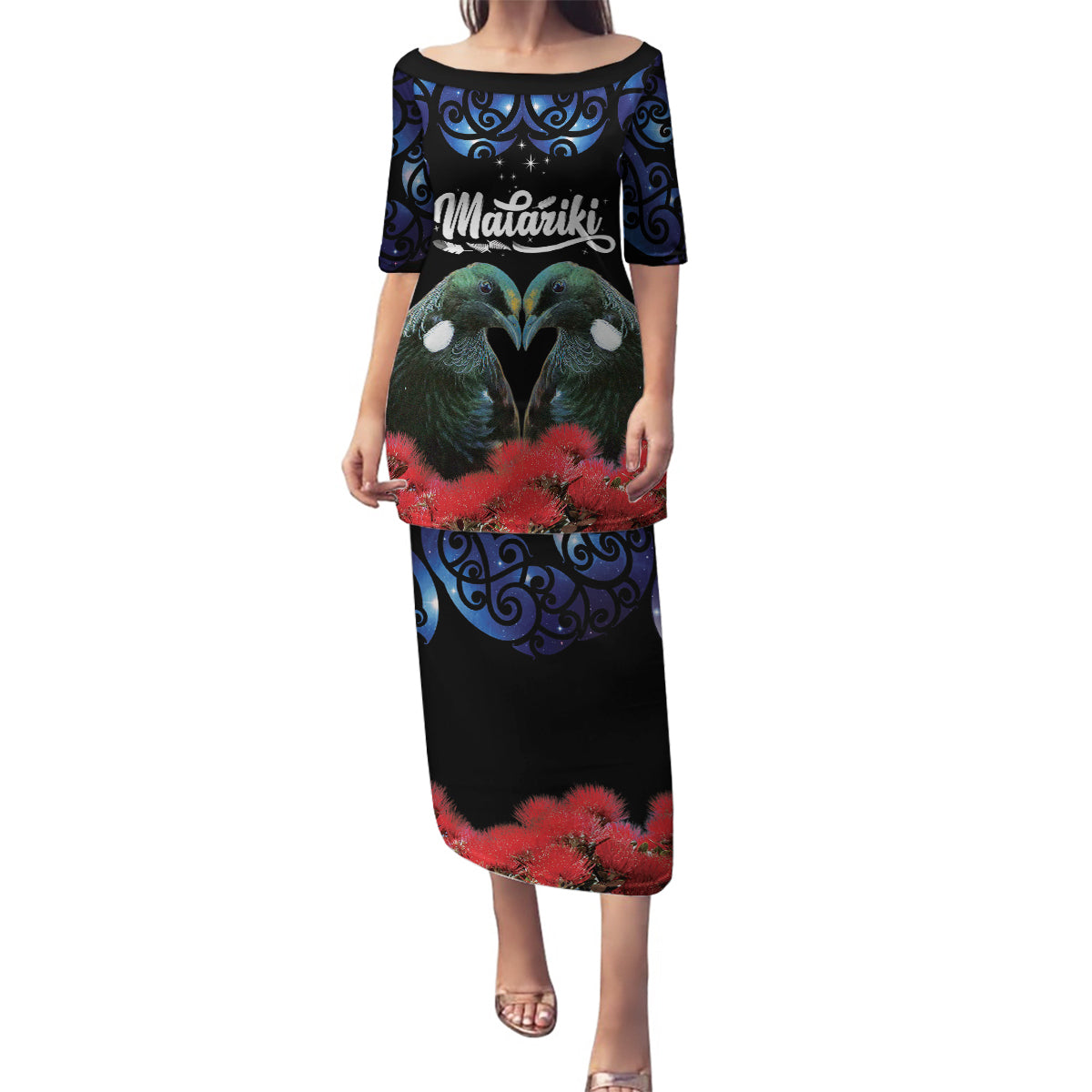 New Zealand Maori Matariki Family Matching Puletasi and Hawaiian Shirt Hongi Tui Bird Pohutukawa and Polynesia Tribal LT03 Mom's Dress Black - Polynesian Pride