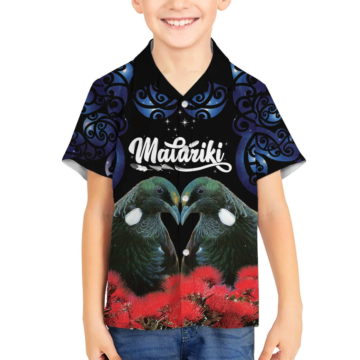 New Zealand Maori Matariki Family Matching Puletasi and Hawaiian Shirt Hongi Tui Bird Pohutukawa and Polynesia Tribal LT03 Son's Shirt Black - Polynesian Pride