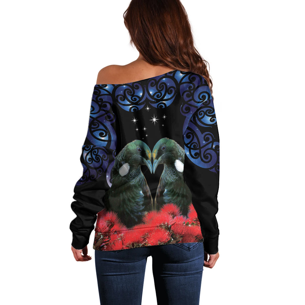 New Zealand Maori Matariki Off Shoulder Sweater Hongi Tui Bird Pohutukawa and Polynesia Tribal LT03 - Polynesian Pride