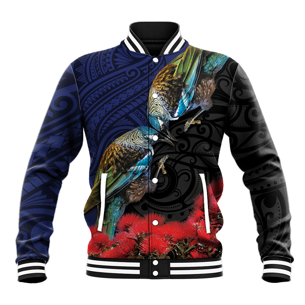 New Zealand Maori Hongi Culture Baseball Jacket Tui Bird Pohutukawa and Polynesian Pattern