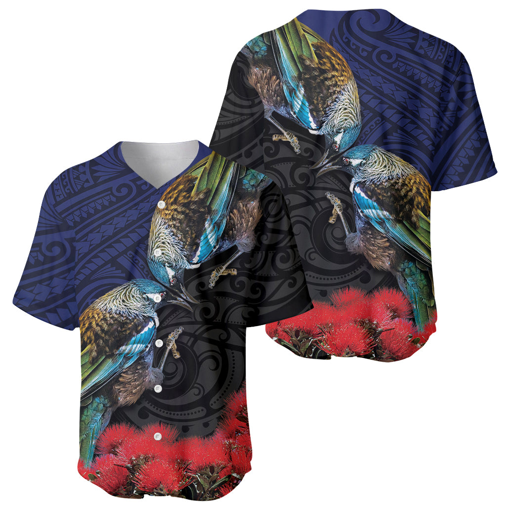New Zealand Maori Hongi Culture Baseball Jersey Tui Bird Pohutukawa and Polynesian Pattern