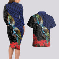 New Zealand Maori Hongi Culture Couples Matching Long Sleeve Bodycon Dress and Hawaiian Shirt Tui Bird Pohutukawa and Polynesian Pattern LT03 - Polynesian Pride
