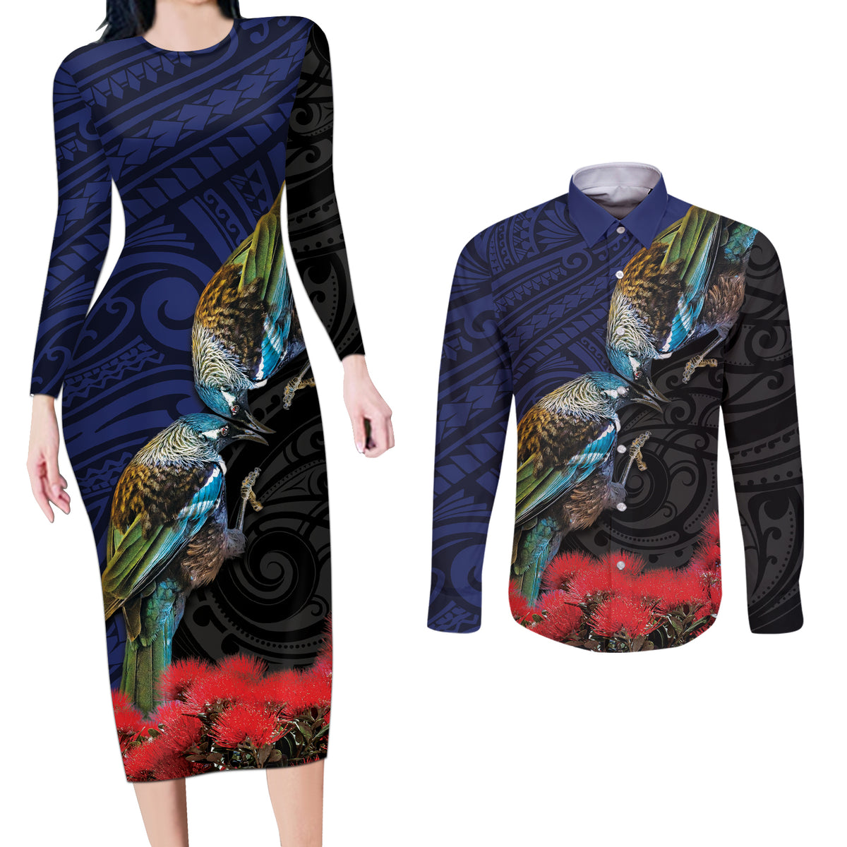 New Zealand Maori Hongi Culture Couples Matching Long Sleeve Bodycon Dress and Long Sleeve Button Shirt Tui Bird Pohutukawa and Polynesian Pattern LT03 Blue - Polynesian Pride