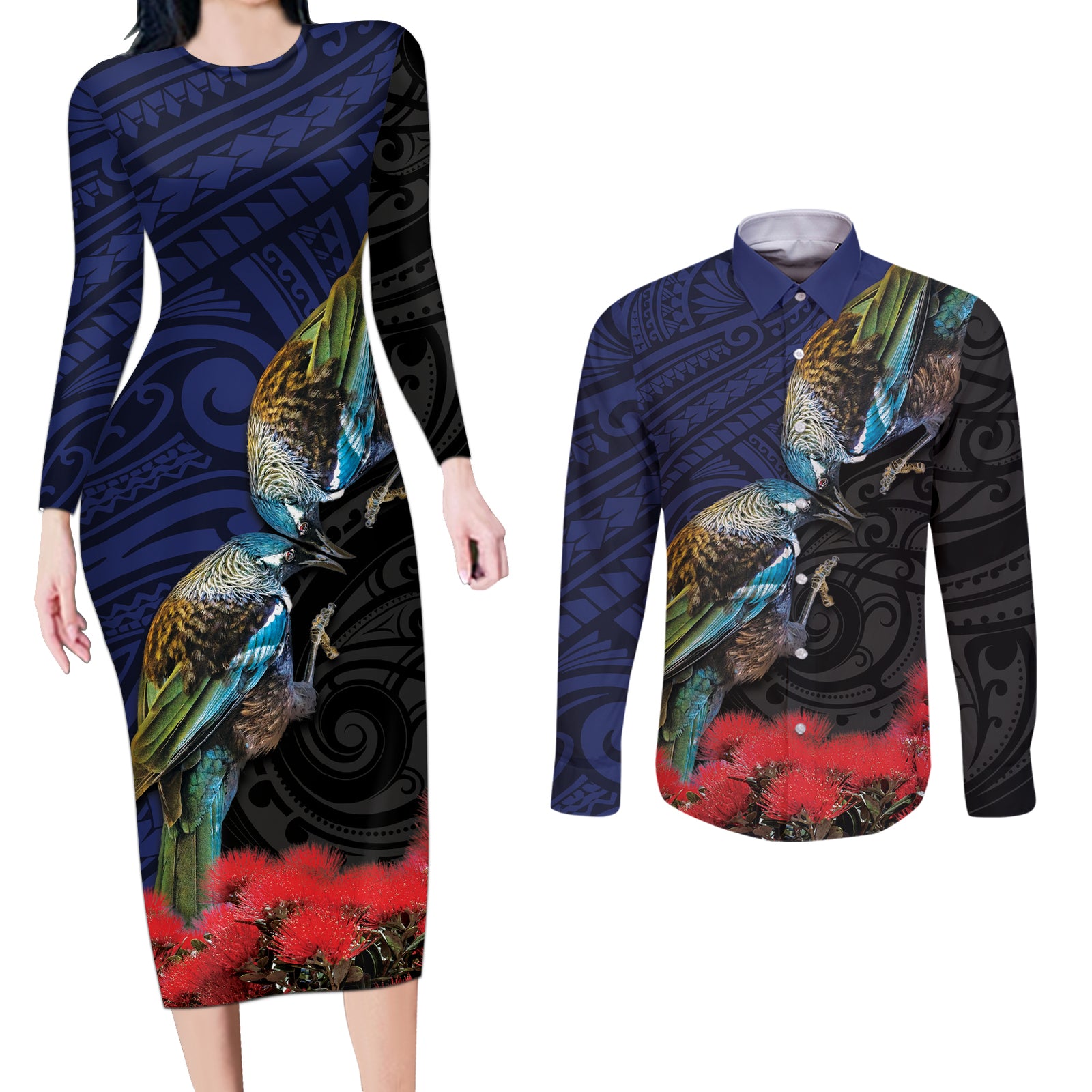 New Zealand Maori Hongi Culture Couples Matching Long Sleeve Bodycon Dress and Long Sleeve Button Shirt Tui Bird Pohutukawa and Polynesian Pattern