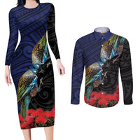 New Zealand Maori Hongi Culture Couples Matching Long Sleeve Bodycon Dress and Long Sleeve Button Shirt Tui Bird Pohutukawa and Polynesian Pattern LT03 Blue - Polynesian Pride