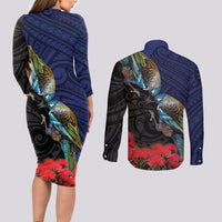 New Zealand Maori Hongi Culture Couples Matching Long Sleeve Bodycon Dress and Long Sleeve Button Shirt Tui Bird Pohutukawa and Polynesian Pattern LT03 - Polynesian Pride
