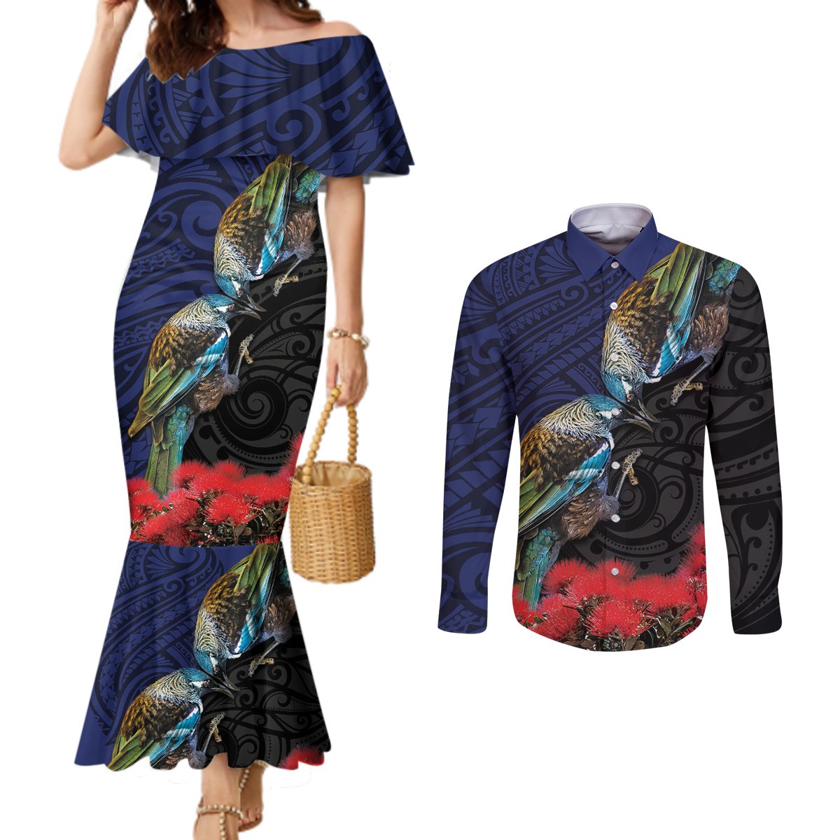 New Zealand Maori Hongi Culture Couples Matching Mermaid Dress and Long Sleeve Button Shirt Tui Bird Pohutukawa and Polynesian Pattern LT03 Blue - Polynesian Pride