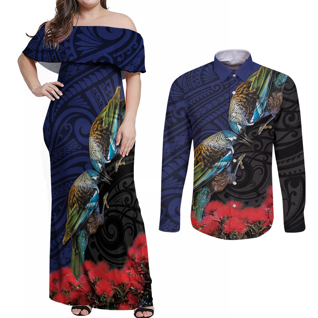 New Zealand Maori Hongi Culture Couples Matching Off Shoulder Maxi Dress and Long Sleeve Button Shirt Tui Bird Pohutukawa and Polynesian Pattern LT03 Blue - Polynesian Pride