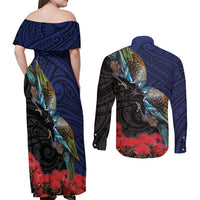 New Zealand Maori Hongi Culture Couples Matching Off Shoulder Maxi Dress and Long Sleeve Button Shirt Tui Bird Pohutukawa and Polynesian Pattern LT03 - Polynesian Pride