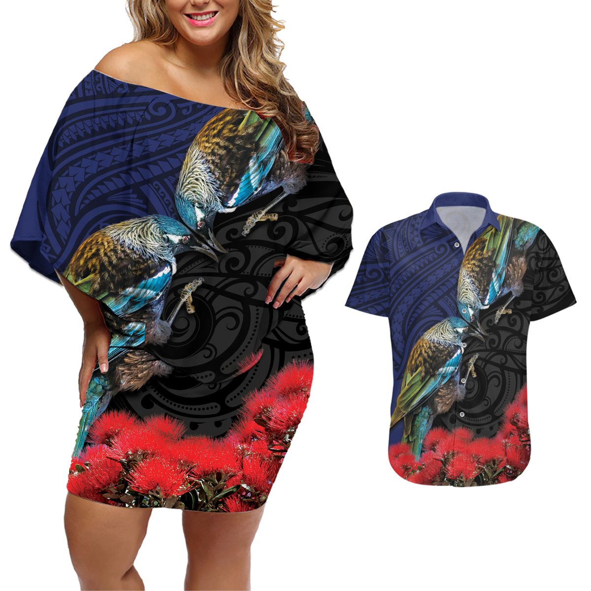 New Zealand Maori Hongi Culture Couples Matching Off Shoulder Short Dress and Hawaiian Shirt Tui Bird Pohutukawa and Polynesian Pattern LT03 Blue - Polynesian Pride