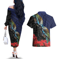 New Zealand Maori Hongi Culture Couples Matching Off The Shoulder Long Sleeve Dress and Hawaiian Shirt Tui Bird Pohutukawa and Polynesian Pattern